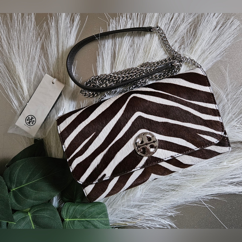 Tory Burch nwt Willa haircalf chain wallet crossbody zebra print brown white cal